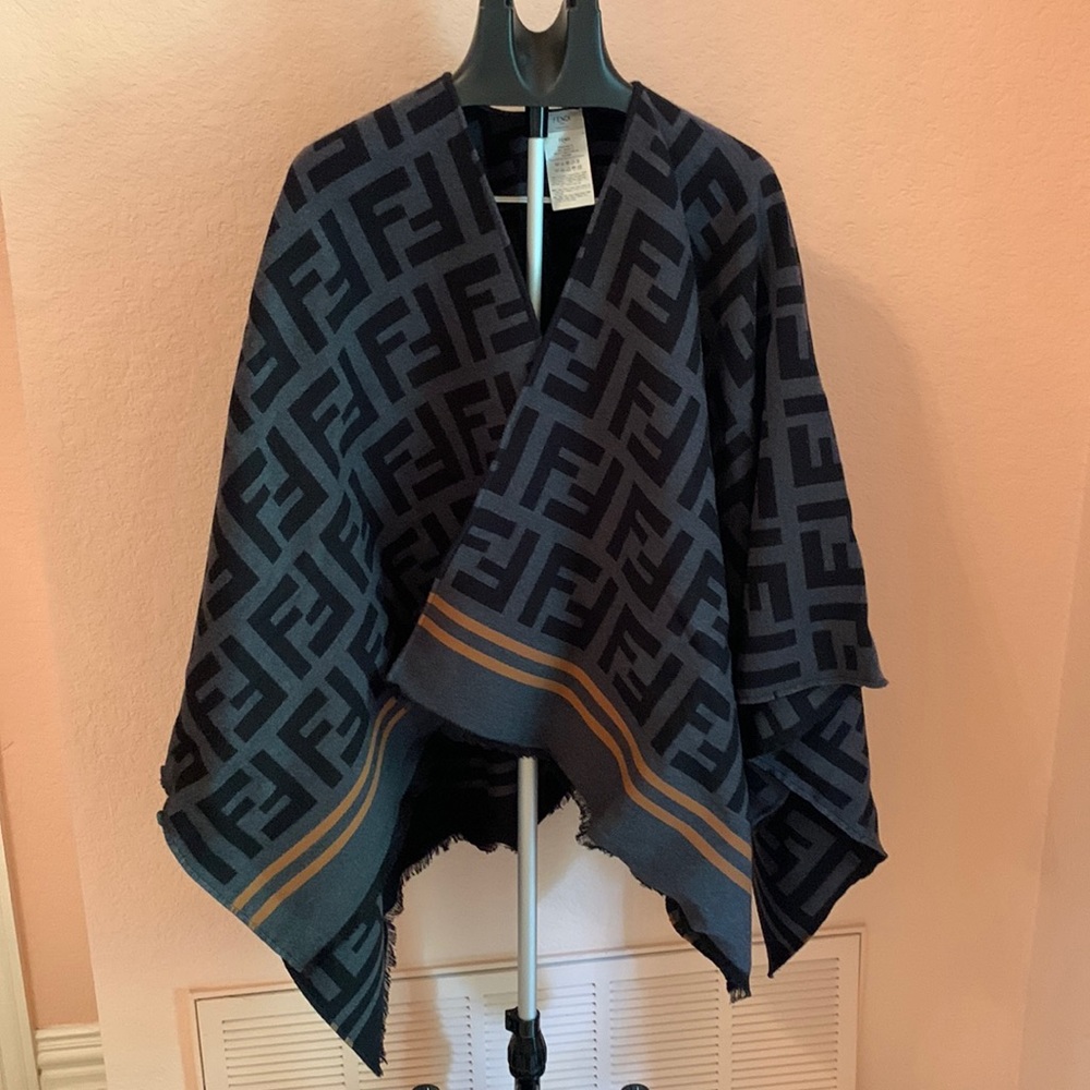 FF Poncho in Jacquard Woven Wool and Silk with double stripe in orange